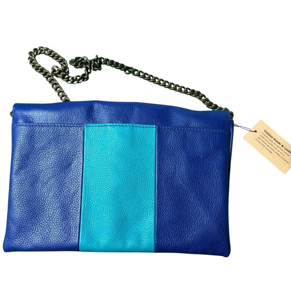 J Crew Purse Leather Envelope Clutch Chain Strap Blue Turquoise NWT - Picture 5 of 7